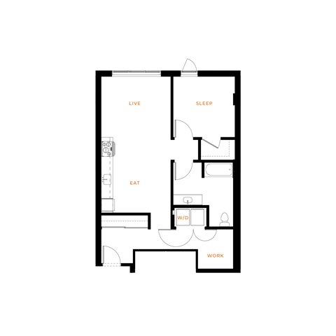 Floor plan for 1 bed, 1 bath, 770 sqft